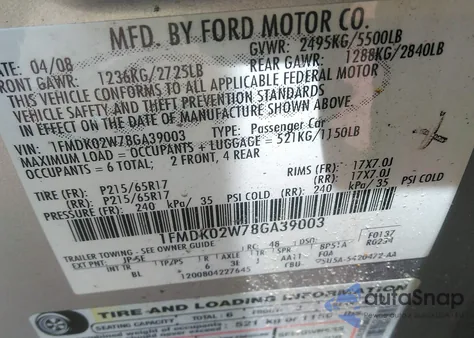 2008 Ford Taurus X Sel z USA, uszkodzony, nr VIN 1FMDK02W78GA39003